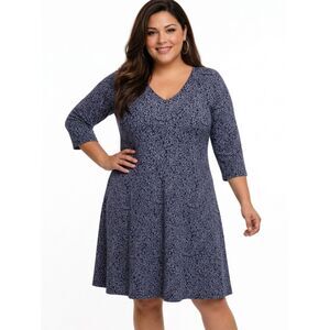 Leota Blue & White Patterned 3/4 Sleeve V-neck A-line Dress Size 3X